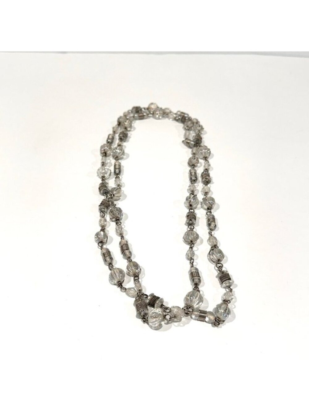 Vintage Faceted Clear Crystal Silver Wire Long Beaded Necklace
